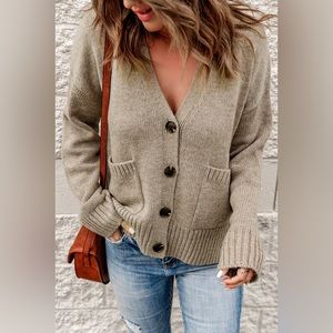 Taupe Ribbed Trim Button Down Cardigan with Pockets